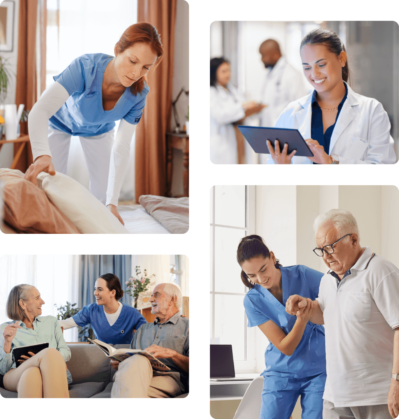 Eine vierteilige Fotocollage, die verschiedene Szenarien aus dem Gesundheitswesen zeigt: Eine Pflegekraft in blauer Arbeitskleidung beim Bettenmachen in privater Umgebung; eine lächelnde Ärztin, die Daten auf einem Tablet in einem Klinikflur prüft; eine Betreuerin, die mit einem älteren Ehepaar auf einem Sofa lacht; und eine Physiotherapeutin, die einen älteren Mann beim Gehen unterstützt.
